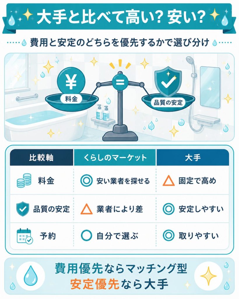 くらしのマーケットと大手の浴槽クリーニング比較を示した図解