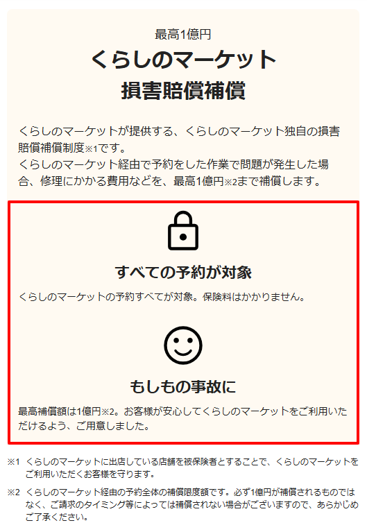 くらしのマーケットの最高1億円の損害賠償補償制度