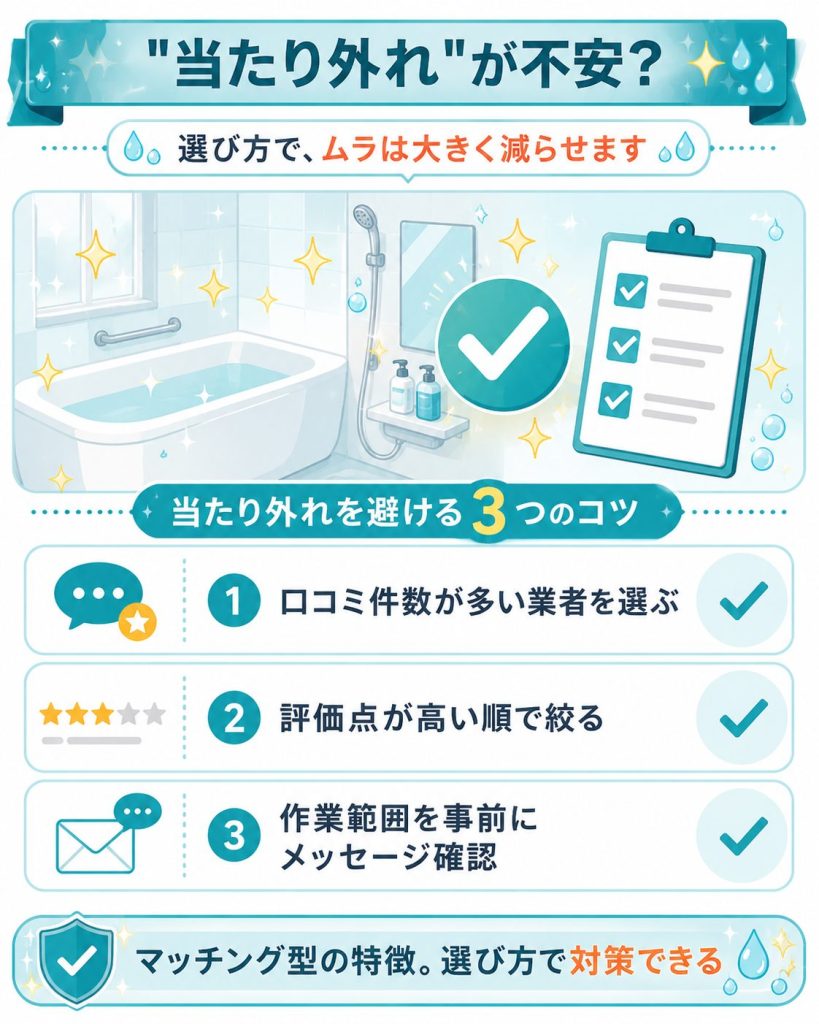 業者の当たり外れを避ける3つの選び方のコツを示した図解