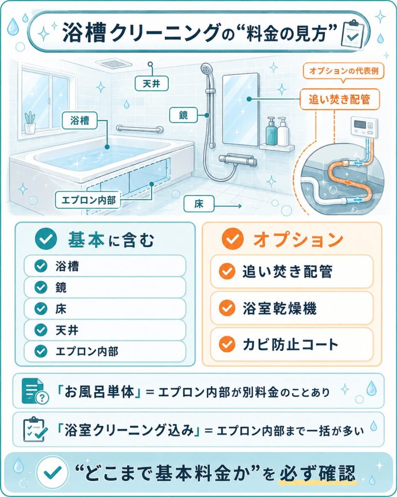 浴槽クリーニングの基本料金とオプションの料金構成を示した図解