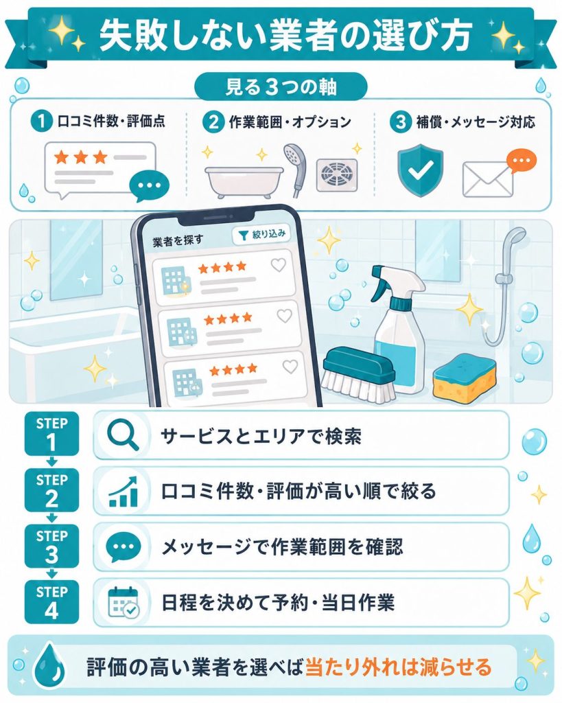 評価の高い浴槽クリーニング業者を選ぶ4ステップを示した図解